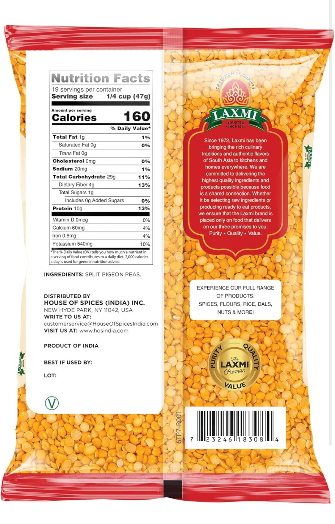 Laxmi Toor Dal, Traditional Indian Split Yellow Peas - 2lb Bag
